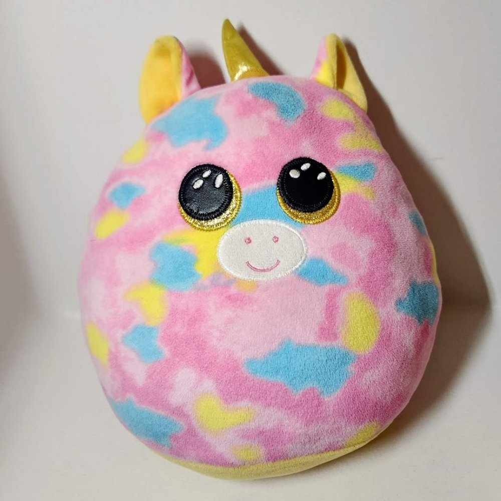 TY Squish-a-Boos FANTASIA Unicorn Cushion Pillow Plush 10" Pink Yellow Blue Incr